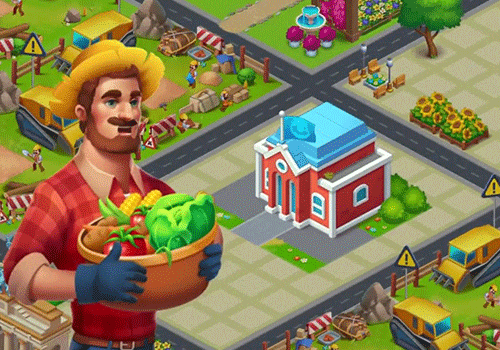 gráfico do jogo Farm City com fazendeiro segurando uma cesta de legumes 